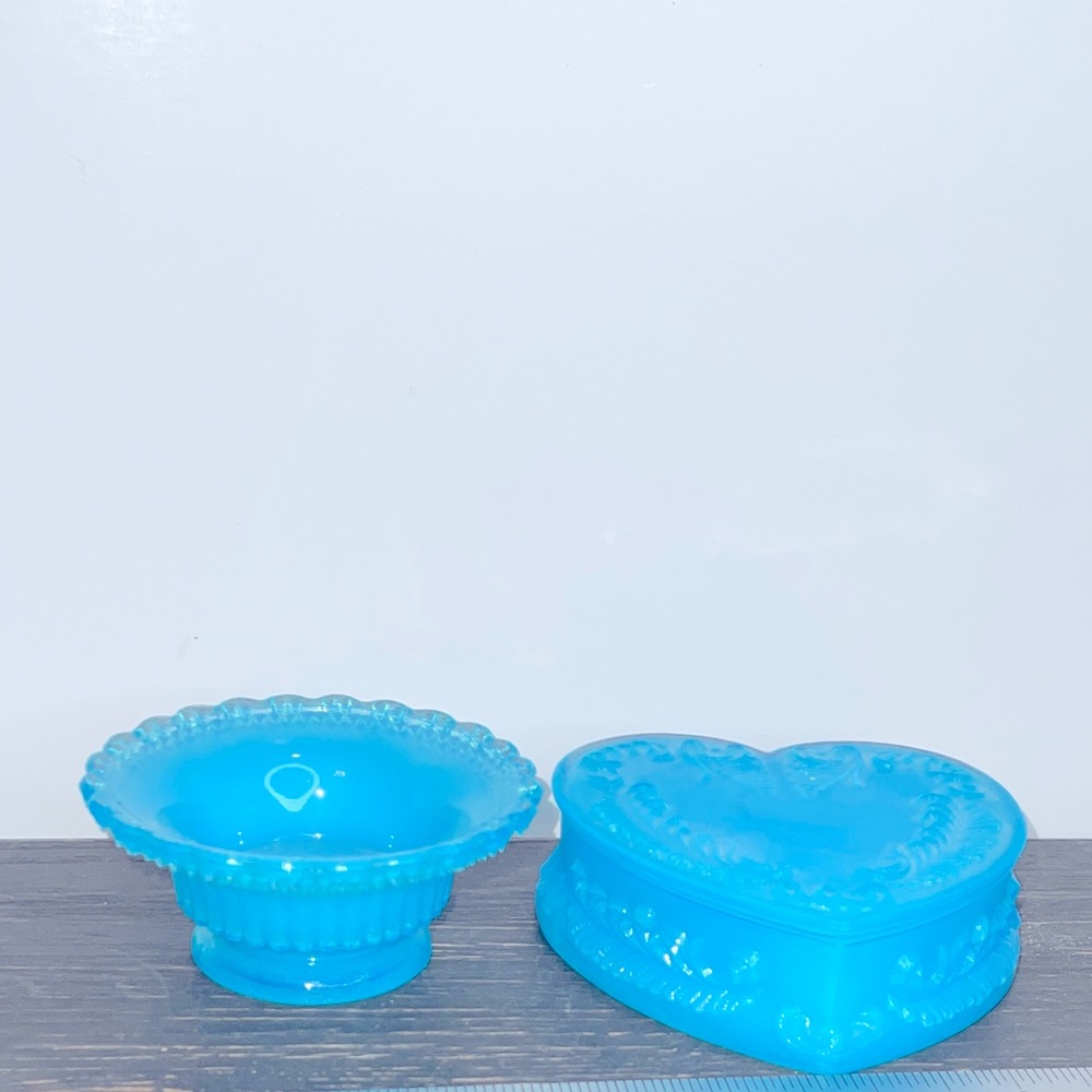 Dengenhart Opaline Blue Milk Glass trinket box and dip bowl